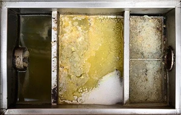Stainless steel grease trap with internal baffles in a Dallas restaurant kitchen